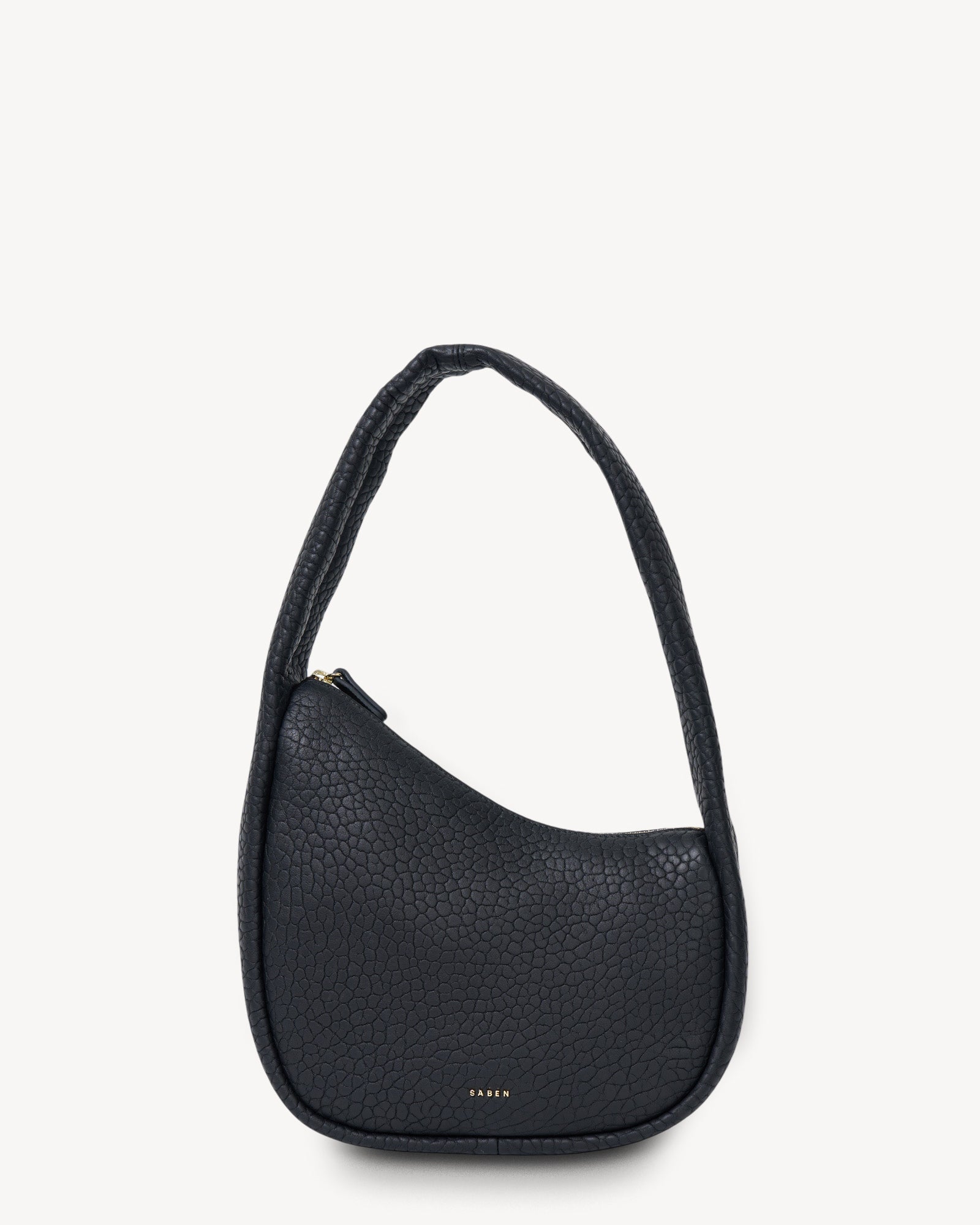 Black handbag with a textured surface on a white background